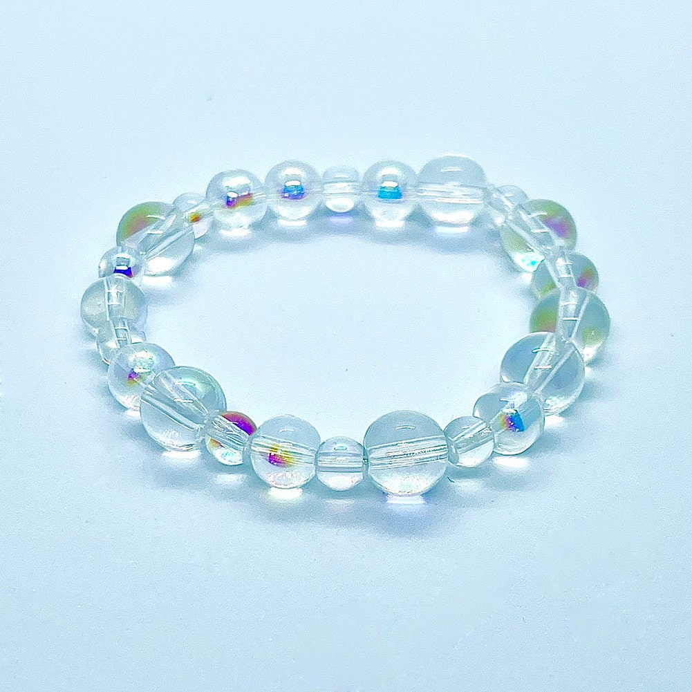 Magik "Mermaid Soap Bubbles" Handmade Custom Smooth Round Glass Bead Bracelet Rainbow Iridescent Mermaid Shine Stackable Elastic Bracelet