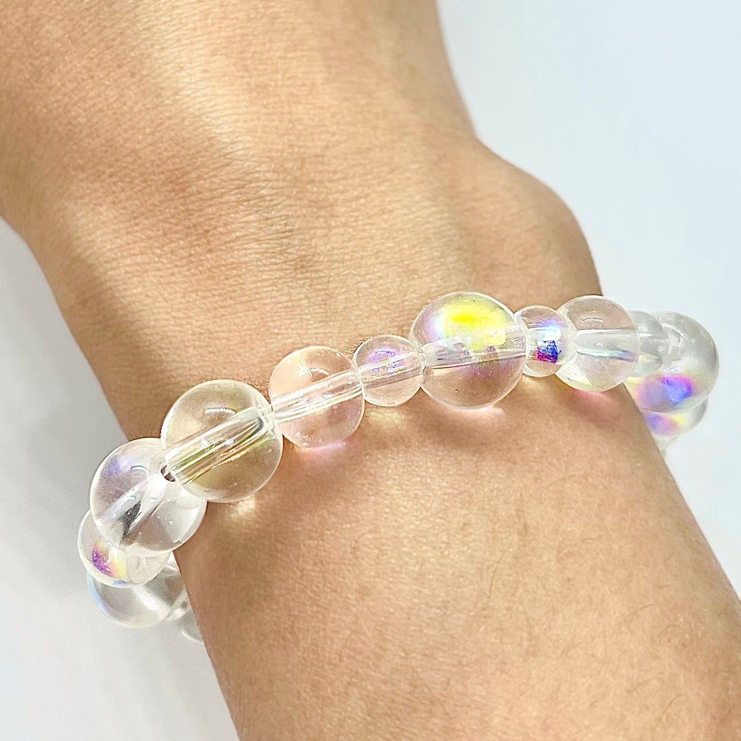 Magik "Mermaid Soap Bubbles" Handmade Custom Smooth Round Glass Bead Bracelet Rainbow Iridescent Mermaid Shine Stackable Elastic Bracelet