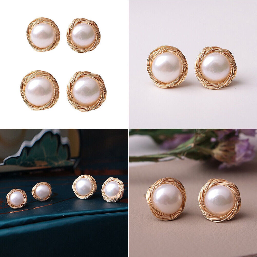 US 8~10mm Natural Freshwater Pearl Earrings 14K Gold Plated Studs Wedding Gifts