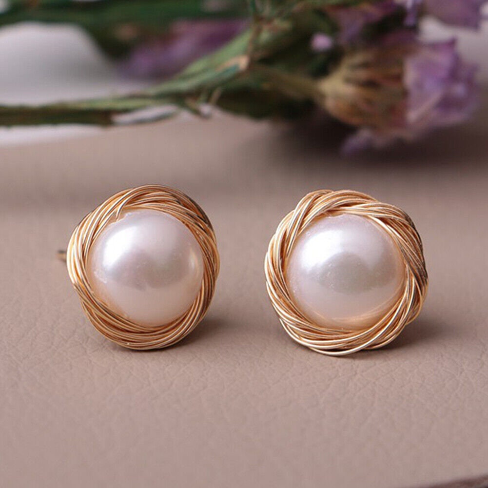 US 8~10mm Natural Freshwater Pearl Earrings 14K Gold Plated Studs Wedding Gifts