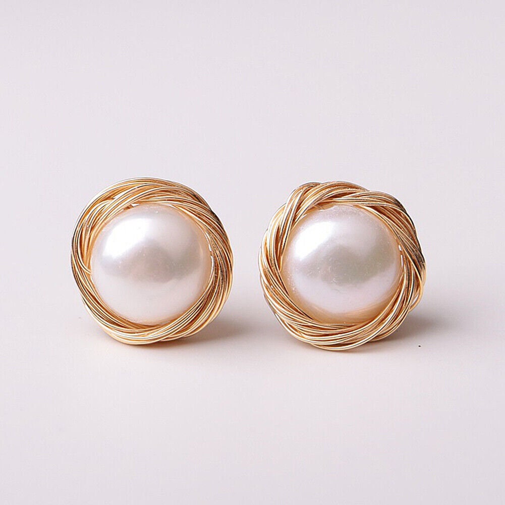 US 8~10mm Natural Freshwater Pearl Earrings 14K Gold Plated Studs Wedding Gifts