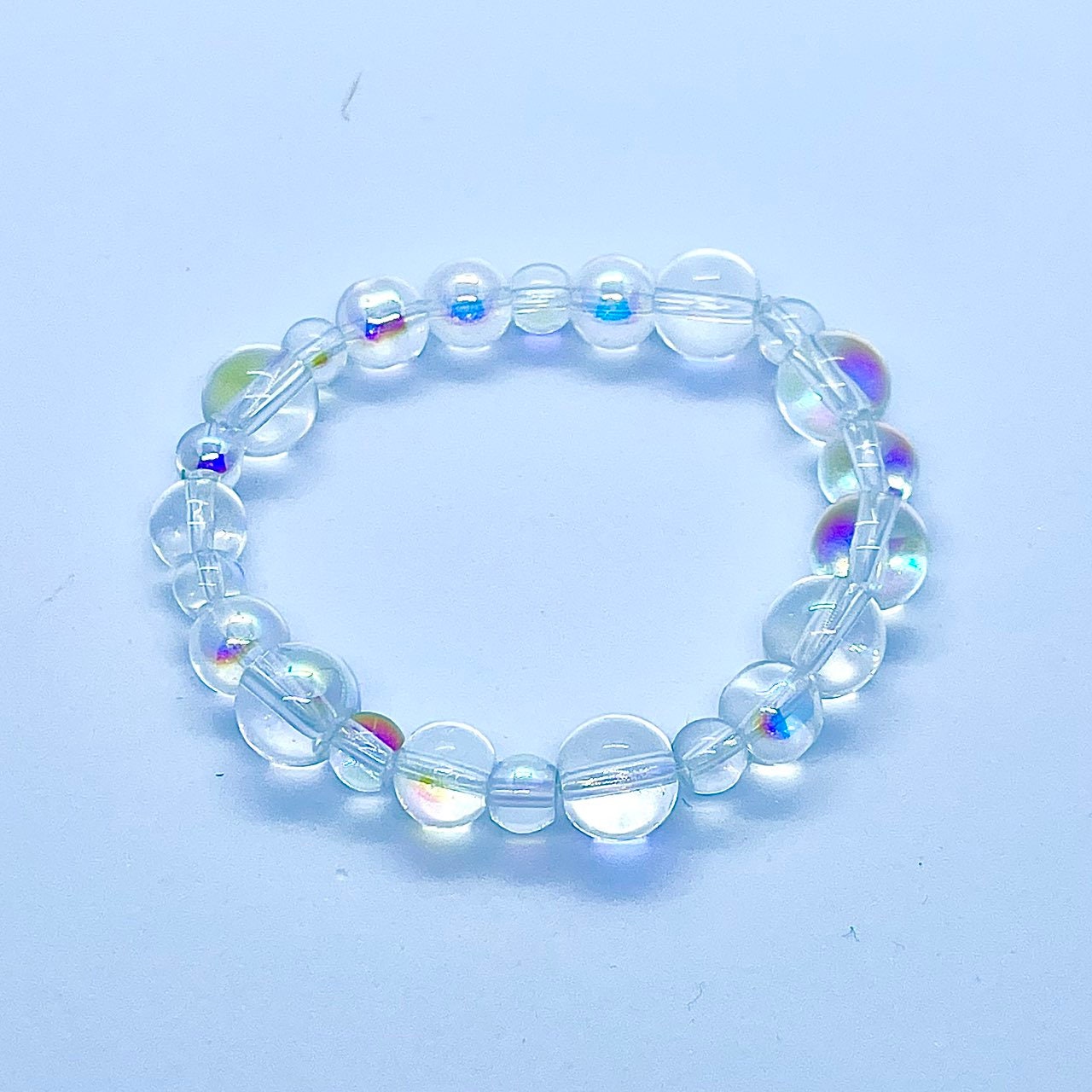 Magik "Mermaid Soap Bubbles" Handmade Custom Smooth Round Glass Bead Bracelet Rainbow Iridescent Mermaid Shine Stackable Elastic Bracelet