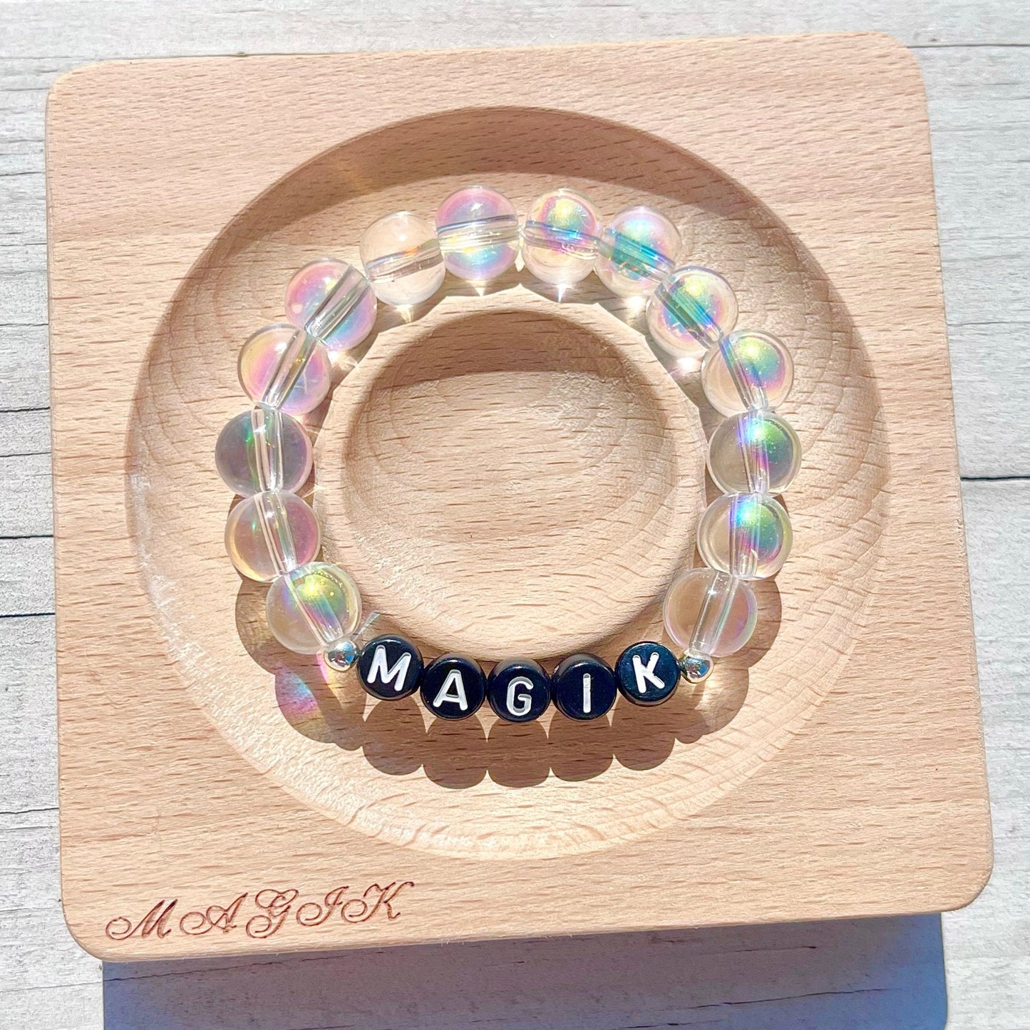 Magik Custom Name Glass Bead Beaded Soap Bubbles Mermaid Holographic Aura Personalized Mama Bracelet