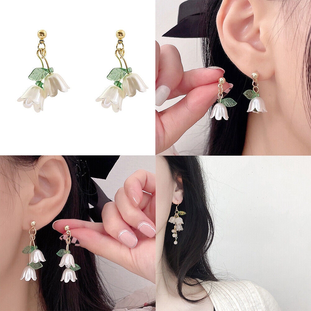 US Lily Of The Valley Chandelier Earrings Flower Floral Handmade Hook Earrings / Ear Clips