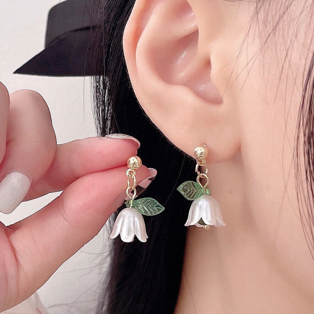 US Lily Of The Valley Chandelier Earrings Flower Floral Handmade Hook Earrings / Ear Clips