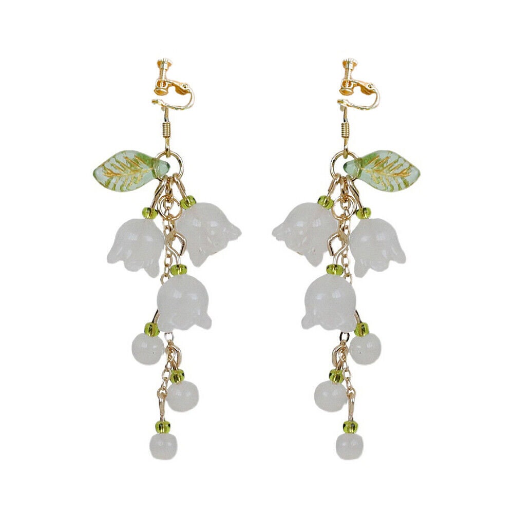 US Lily Of The Valley Chandelier Earrings Flower Floral Handmade Hook Earrings / Ear Clips