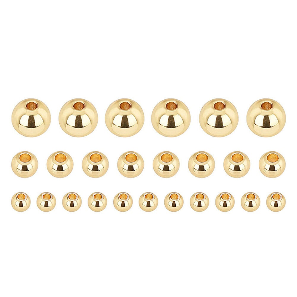 US 300~600 Pcs 3+4+6mm 14K Gold Plated Beads Smooth Round Metal Ball Brass Beads