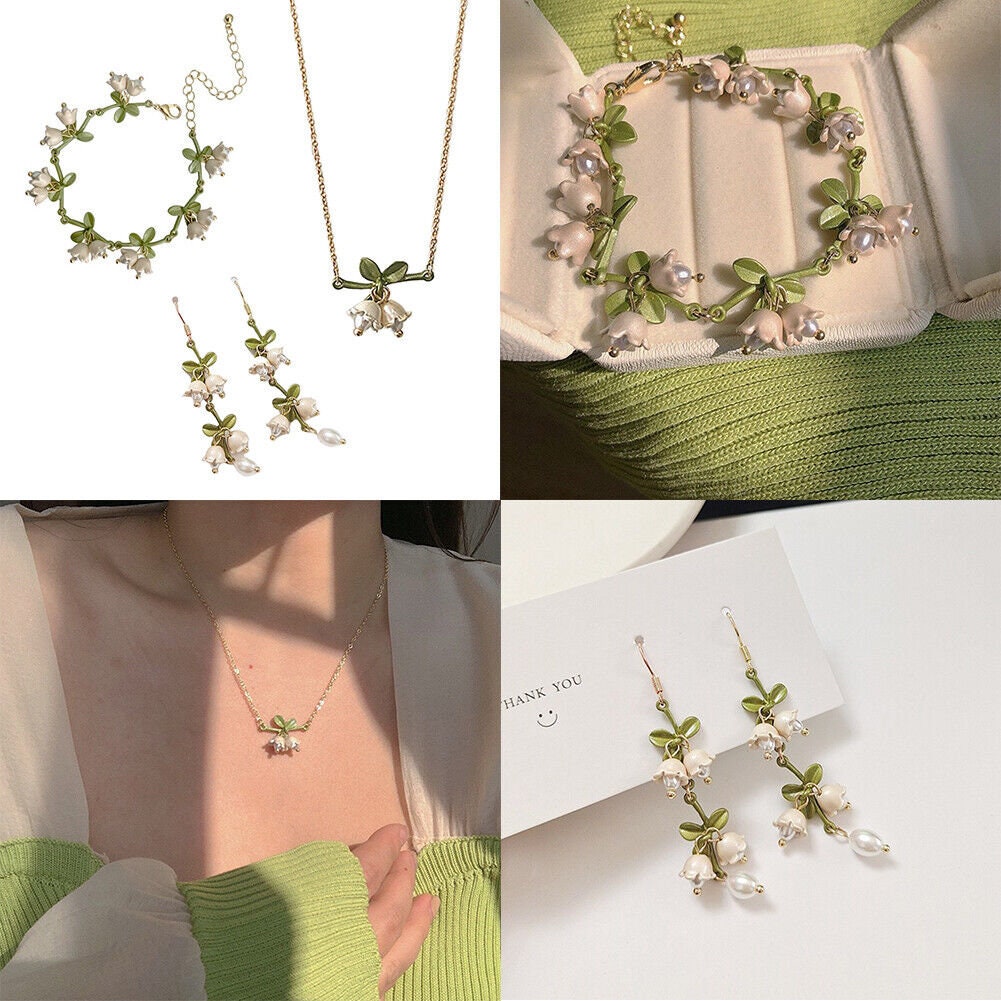 US Lily of the Valley Orchid Earring Bracelet Necklace Floral Dangle Jewelry Set