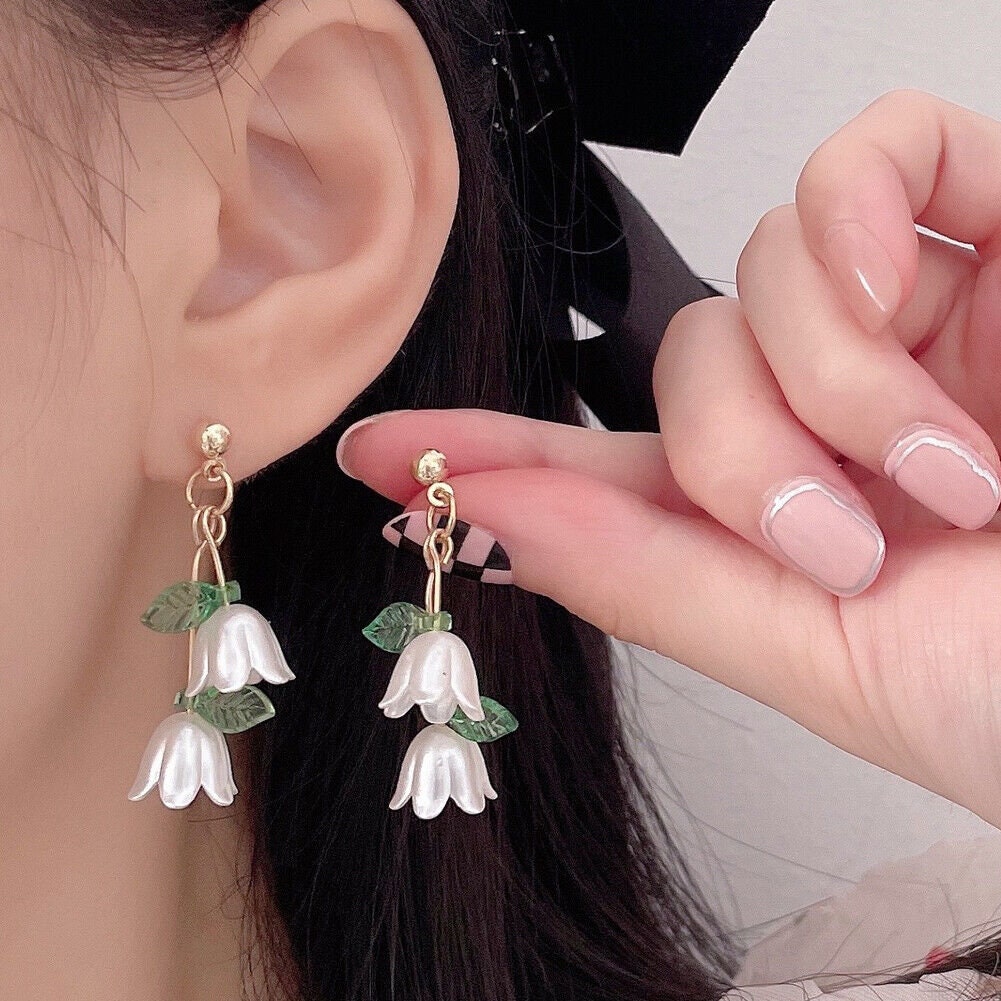 US Lily Of The Valley Chandelier Earrings Flower Floral Handmade Hook Earrings / Ear Clips