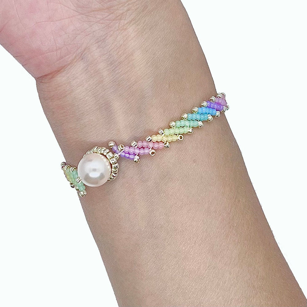 Magik Handmade Custom Rainbow Colorful Glass Seed Beads Bracelet with Imitation Pearl Closure