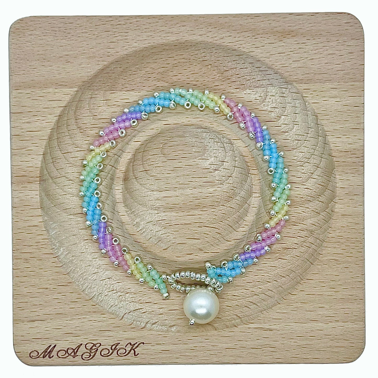 Magik Handmade Custom Rainbow Colorful Glass Seed Beads Bracelet with Imitation Pearl Closure